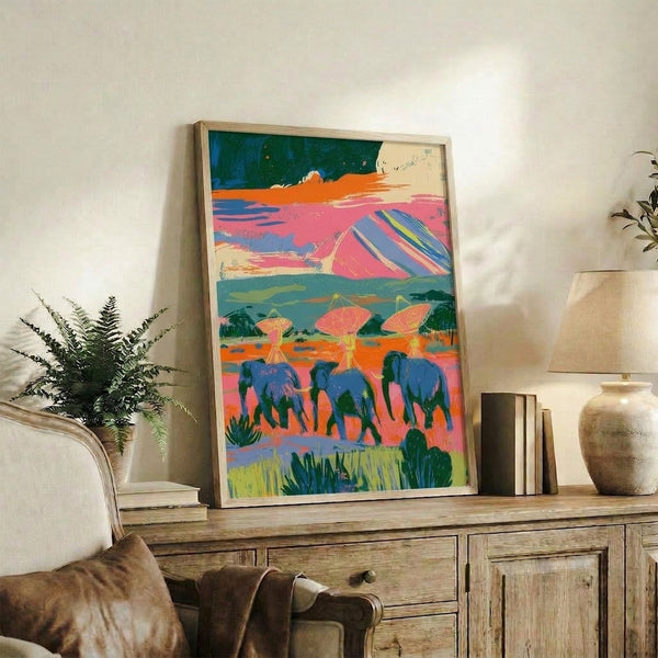 Modern abstract wall art depicting a whimsical elephant amid mountains and sky with kinetic satellite imagery, bursting with energetic hot pink and teal tones in contemporary pop art style.