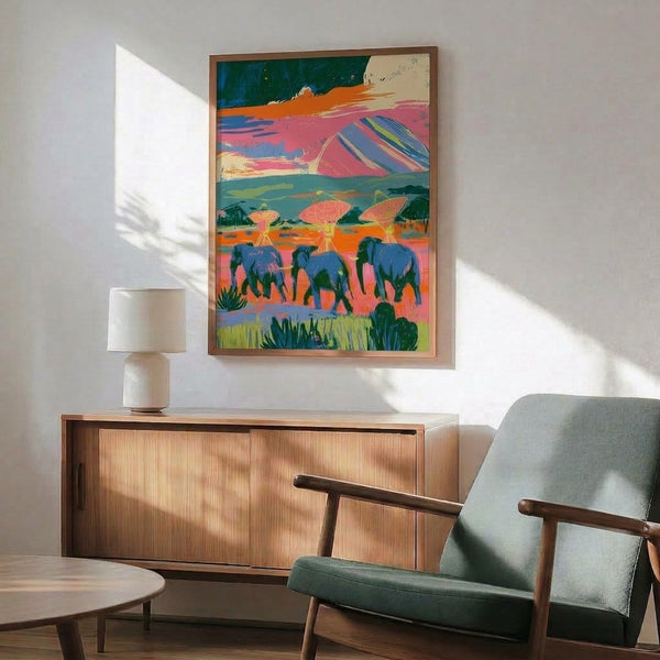 Surreal framed print showing an elephant in an abstract savanna scene with geometric satellite elements, combining vibrant oranges, teals, and navy blues in a trendy, energetic composition.
