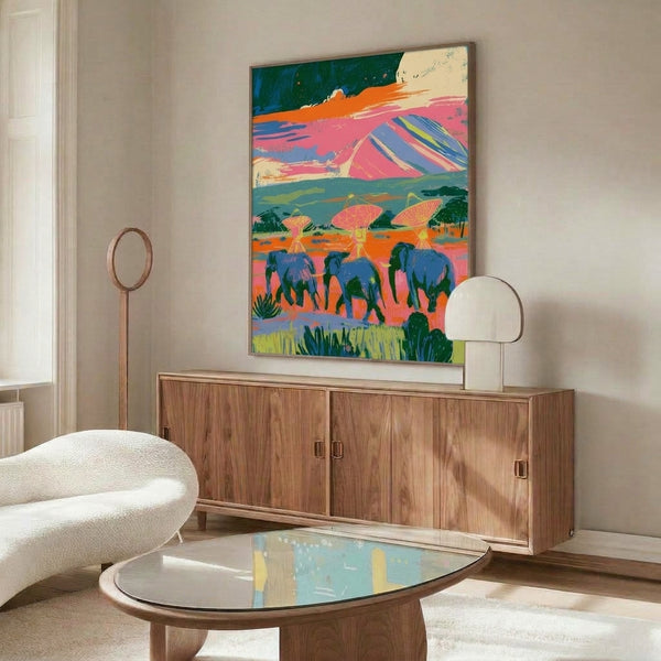 Contemporary pop art landscape poster with a fantastical elephant and satellite dish motif in bold hot pink, teal, and cream, capturing a whimsical, kinetic mood in modern abstract style.