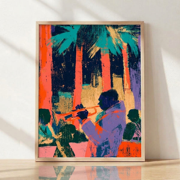 Vibrant pop art poster of a jazz trumpeter in orange, turquoise, and navy tones with abstract architectural elements, framed on a wall.