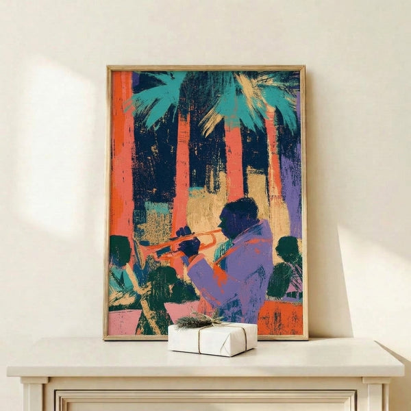 Bold modern art print featuring a trumpet player amid geometric shapes in gold, purple, and turquoise with energetic urban pop art style.