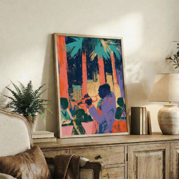 Abstract pop art framed poster depicting a jazz musician with trumpet, rendered in vibrant orange and navy with retro modern aesthetic.