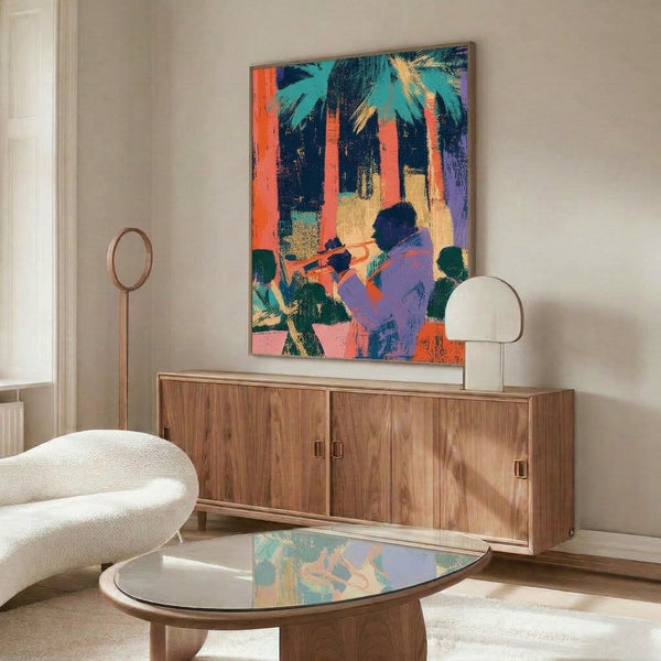 Contemporary pop art wall print of a saxophonist in a stylized architectural setting, dominated by rich turquoise, gold, and purple hues with dynamic energy.