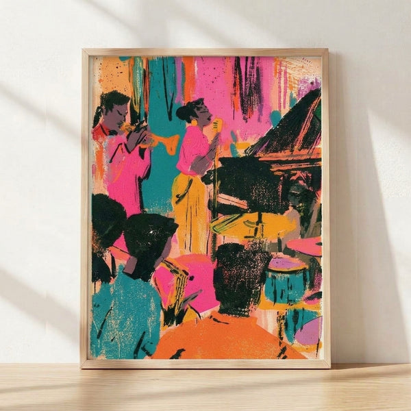 Pop art framed poster of three energetic musicians with drum and guitar in hot pink, teal, orange, and yellow abstract brushstrokes on a black background.