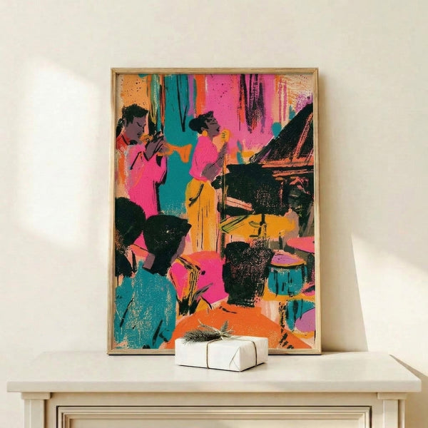 Vibrant abstract pop art print featuring a jazz trio performing with bold geometric shapes and a celebratory color palette of hot pink, teal, and orange.