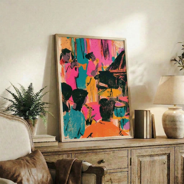 Modern pop art poster of musicians playing instruments rendered in dynamic abstract forms with striking hot pink, teal, yellow, and orange tones against black.
