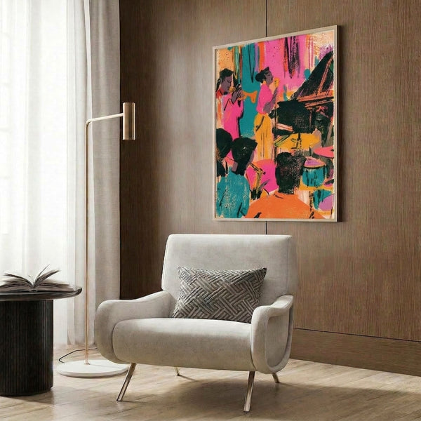 Energetic pop art framed artwork depicting a jazz club scene with abstract musicians in bright hot pink, teal, orange, and yellow on a dark background.