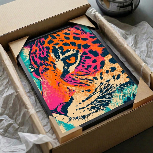 Vibrant pop art leopard head print in bold turquoise, magenta, orange, and navy, displayed as framed wall art.