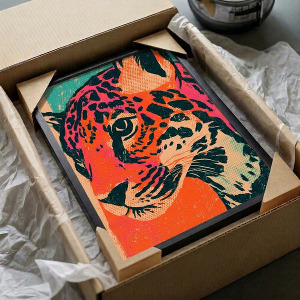Leopard face pop art print featuring bold retro aesthetics in peach, hot pink, and teal with black details, creating vibrant contemporary wall décor.