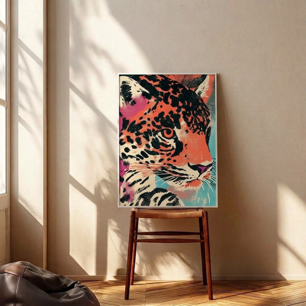 Contemporary pop art print featuring a stylized leopard face in bold coral and magenta tones with teal details, hung as vibrant modern wall decor.