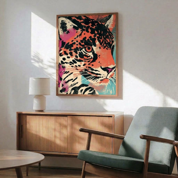 Retro-inspired pop art leopard portrait in vivid magenta, teal, and coral colors with a playful, energetic aesthetic framed on the wall.