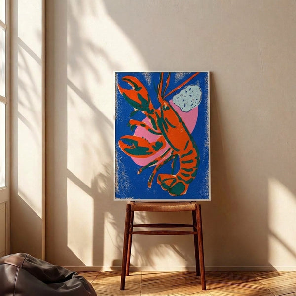 Modern pop art lobster illustration rendered in bold forest green, royal blue, hot pink, and orange-red, mounted as a framed print.
