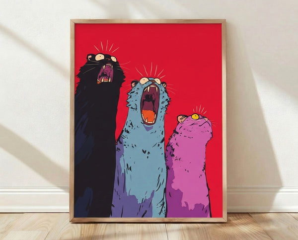 Pop art style poster featuring three vibrant cats with exaggerated open mouths in bold red, blue, purple, and magenta tones against a black background, creating a playful and energetic retro aesthetic.