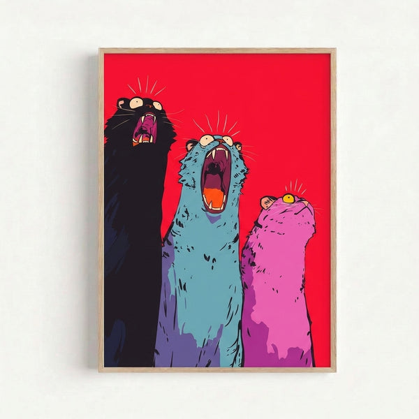 Colorful framed pop art print of three screaming felines rendered in bright jewel tones with thick black outlines, capturing a humorous and funky mid-century modern vibe.