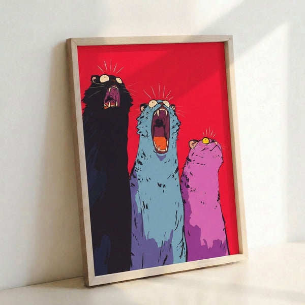 Three expressive cats with wide-open mouths depicted in vivid pop art style using magenta, red, blue, and black, delivering a lighthearted retro wall art statement.