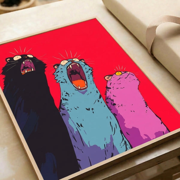 Screaming cats artwork in bold pop art style using magenta, red, blue, and black hues, featuring three felines with expressive open mouths in a retro graphic design.