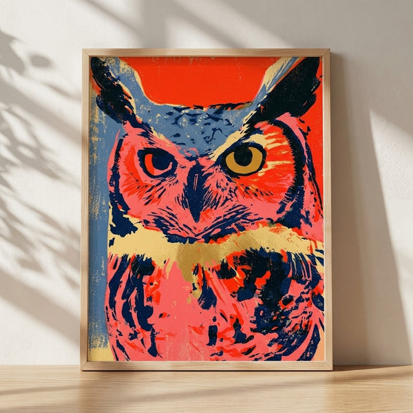 Bold pop art owl portrait with bright red, coral, and navy blue tones accented by gold details, displayed as a framed poster on a wall.