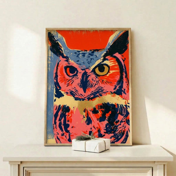 Vibrant contemporary owl art print featuring energetic abstract shapes in coral, red, and navy blue with gold highlights on black background.