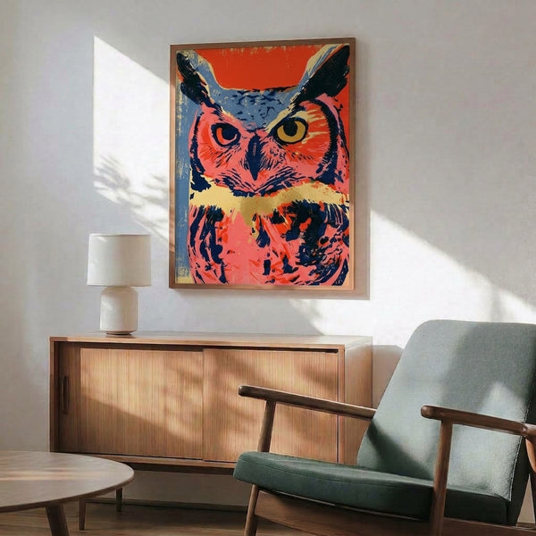 Modern pop art bird portrait showcasing a stylized owl in striking red, coral, and navy blue hues with gold accents, framed wall art.