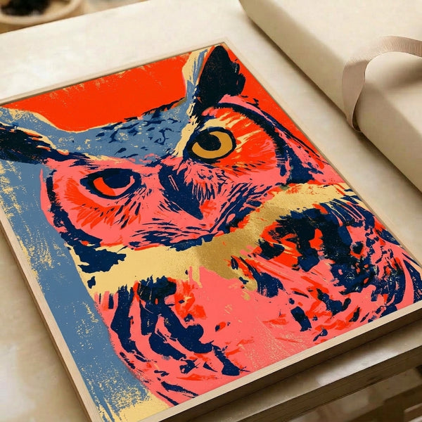 Energetic abstract owl wall print in bold pop art style with bright coral and red tones, navy blue, and gold detailing on dark background.