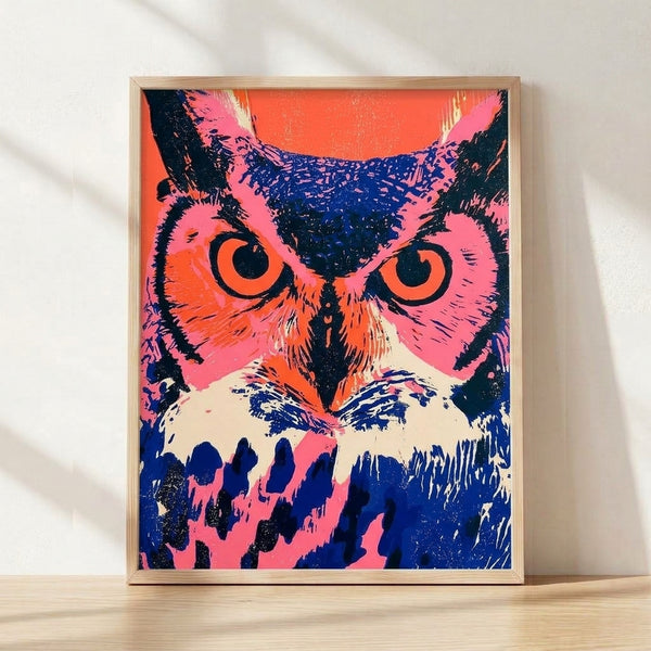 Bold pop art owl face print with striking hot pink and orange features against navy blue and cream, featuring large expressive eyes in a modern abstract style.