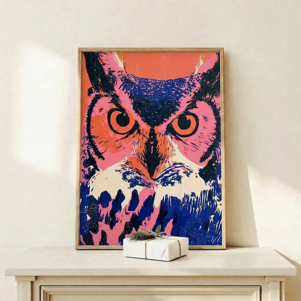Energetic abstract owl artwork in vibrant hot pink, orange, and navy blue with black accents, displayed as a framed pop art print on a wall.