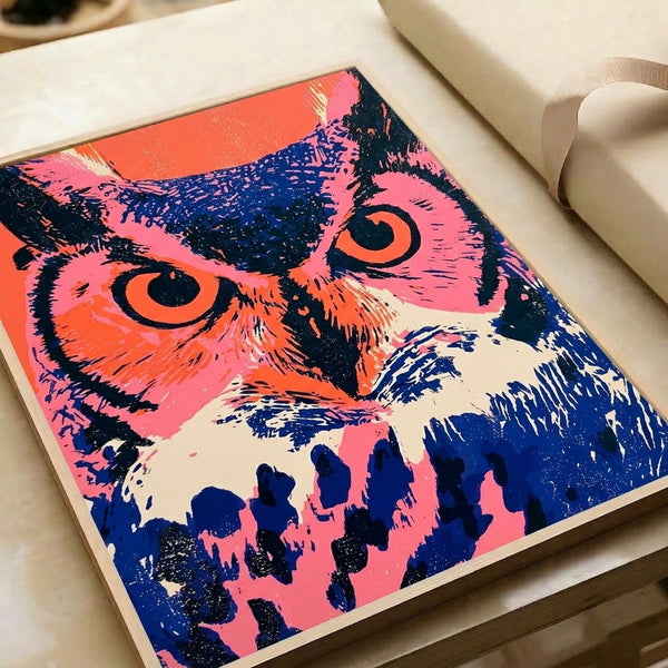 Contemporary pop art owl portrait with oversized eyes in hot pink and orange tones, navy blue background, and cream highlights creating a striking modern aesthetic.