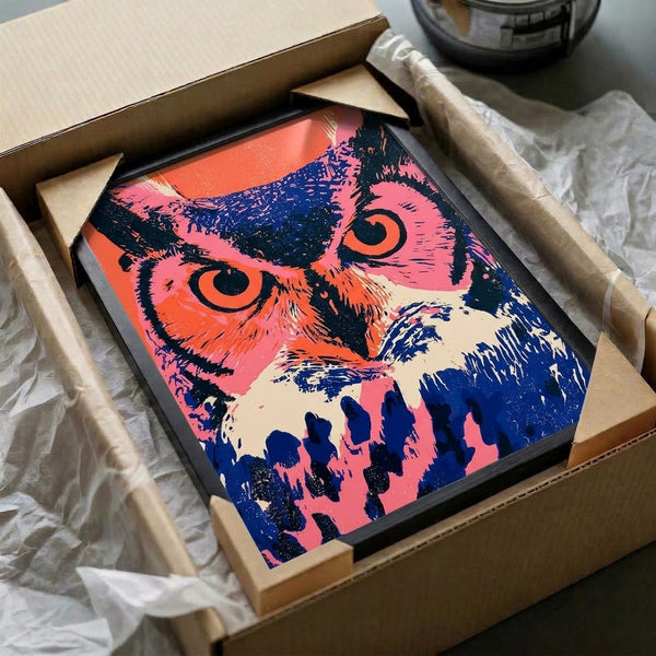Framed pop art owl print showcasing bold geometric features in hot pink, orange, navy, and black with an energetic, abstract interpretation of an owl face.