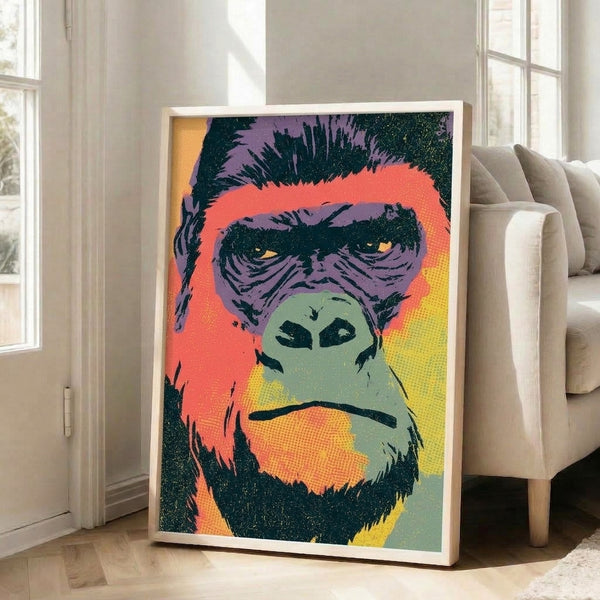 Contemporary retro-style gorilla face artwork featuring striking color blocks of purple, coral, and yellow with black outlines.