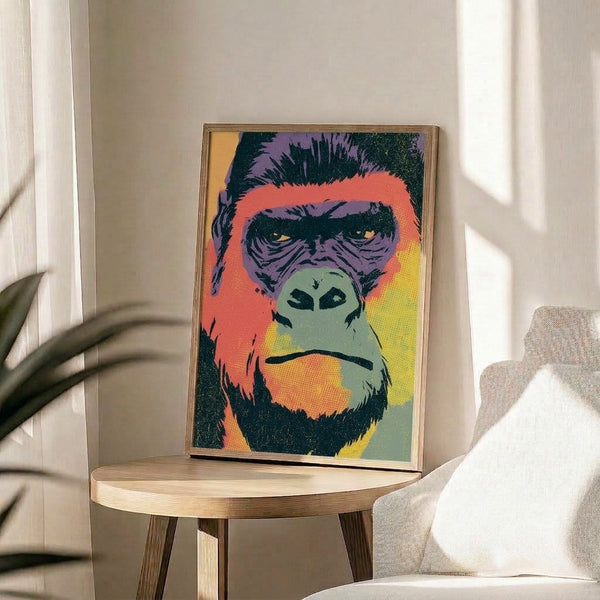 Framed modern pop art print of a gorilla's face in rich jewel tones—purple, teal, and coral red—with bold graphic design.