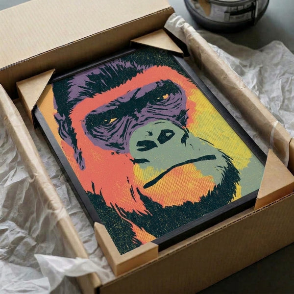 Vivid retro gorilla portrait poster with contemporary pop art styling in purple, coral red, yellow, and teal green on black background.