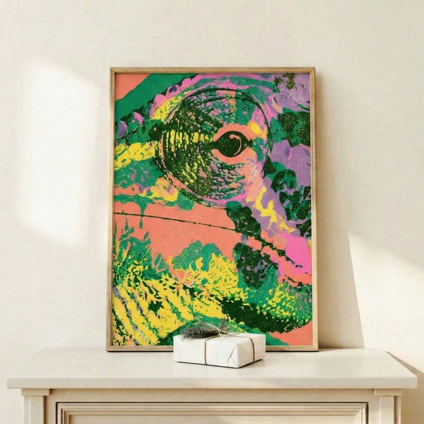 Bold trippy lizard eye art print with vivid coral, purple, and lime green hues in contemporary pop art style.