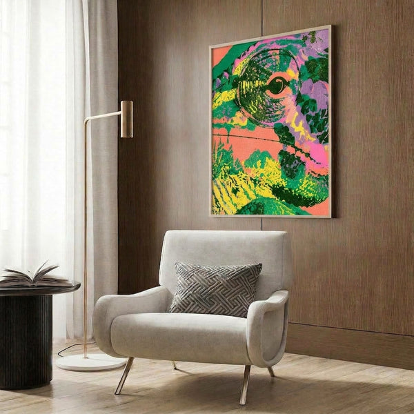 Framed psychedelic reptile eye poster bursting with neon colors and groovy abstract patterns in Y2K aesthetic.
