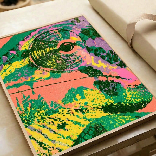 Vibrant pop art wall print showcasing an iguana eye in electric pink and bright green with funky, energetic visual impact.