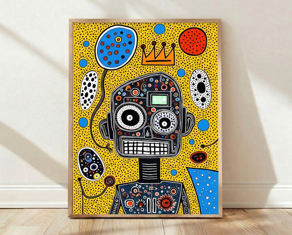 Vibrant pop art poster of a stylized robot wearing a crown and headphones, surrounded by dotted circles and geometric shapes in yellow, black, blue, and red against a white background.