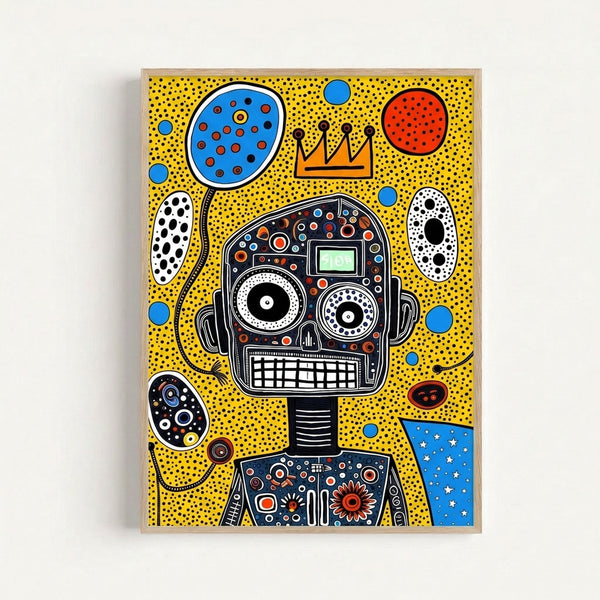 Y2K-inspired framed print depicting a playful robot king with headphones and crown, rendered in bold pop art style with dotted patterns and bright primary colors.