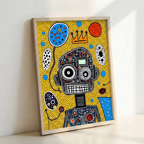 Modern pop art illustration of a tech-forward robot character adorned with a crown, headphones, and turntable elements, featuring energetic dotted textures in yellow, red, and blue.