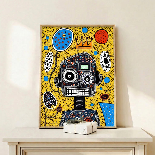 Funky framed artwork showcasing a dotted robot portrait with crown and audio equipment motifs, bursting with playful pop art aesthetics in vibrant yellow, black, and electric blue.