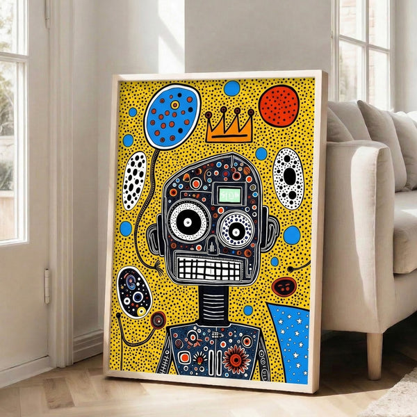 Contemporary pop art print of a crowned robot figure with headphones, surrounded by speaker and turntable symbols in dotted, trippy style using bold yellow, red, and black accents.