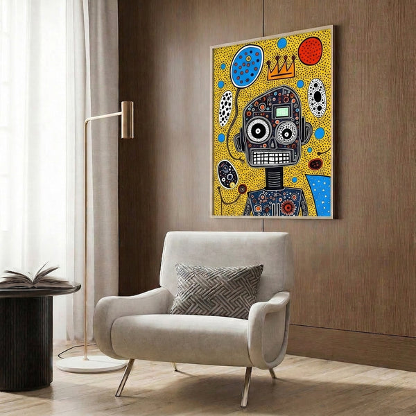 Boldly graphic pop art poster of a robot king character in headphones, rendered with energetic dotted circles and geometric elements in a striking yellow, blue, red, and black palette.