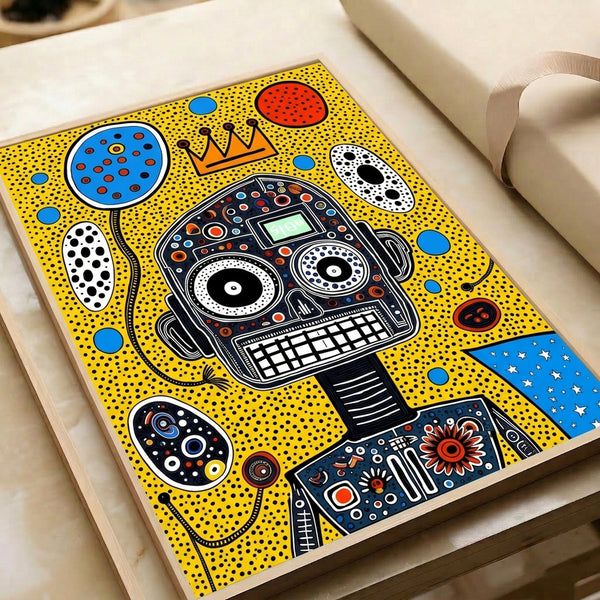 Tech-inspired pop art wall print featuring a playful robot with crown and audio gear, decorated with dotted patterns and y2k visual elements in vivid primary colors and white space.