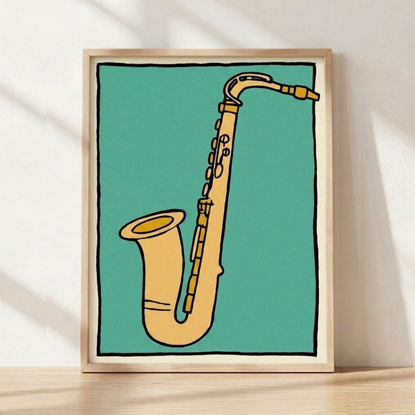 Vibrant pop art saxophone poster in turquoise, golden yellow, and cream with bold black outlines, capturing an upbeat and playful jazzy mood in retro modern style.