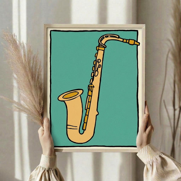 Framed retro pop art print featuring a saxophone in striking turquoise and golden yellow tones against a cream background, perfect for music lovers seeking trendy wall decor.