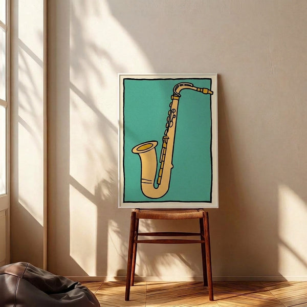 Colorful retro-inspired saxophone artwork with a pop art aesthetic, blending turquoise, warm gold, and cream hues in a playful, jazzy composition.