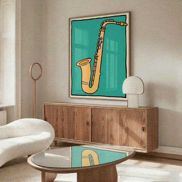 Bold pop art saxophone poster showcasing vibrant turquoise and golden yellow colors with black accents, delivering an upbeat retro-modern statement for music enthusiasts.