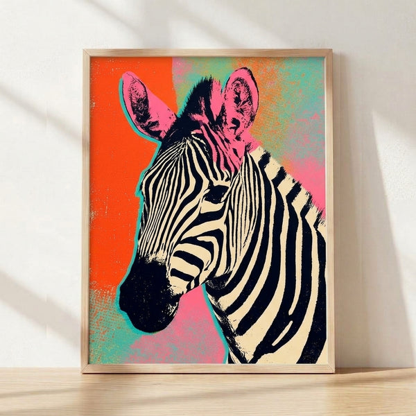 Bold pop art zebra portrait in vibrant orange, pink, and teal with black stripes and cream accents, displayed as a framed poster on a wall.