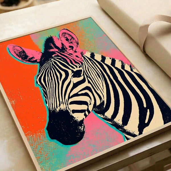 Vibrant pop art print featuring a stylized zebra face in bold orange, pink, teal, and black tones, shown framed as contemporary wall art.