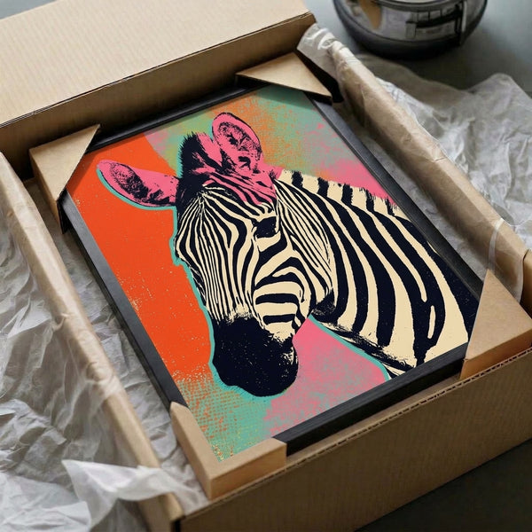 Retro pop art zebra portrait with striking color blocking in orange, pink, cream, and teal, displayed as a framed modern art print on the wall.
