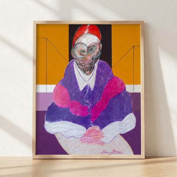 Abstract portrait of a pope in muted earth tones and grays, rendered in an expressionist style with gestural brushstrokes, framed as a poster on a wall.
