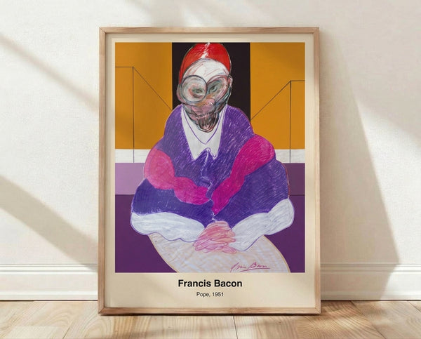 Abstract expressionist framed poster of a distorted papal figure in grey, black, and burnt orange tones, conveying psychological intensity and visceral anguish.
